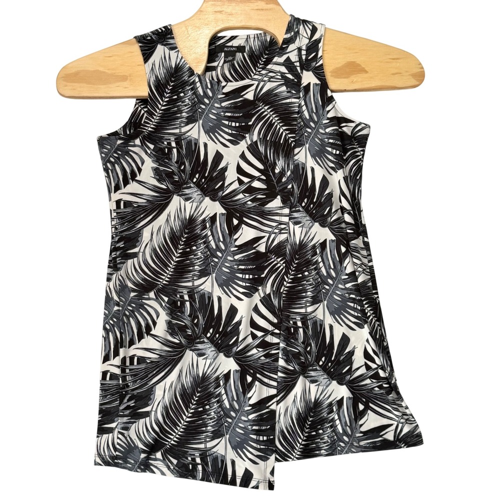 Alfani Women XS Tank Top Black White Tropical Palm Leaf Print Stretch Shell